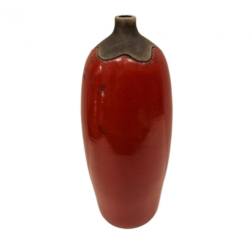 Jarrón rojo de cerámica Raku, Genevieve Berrin, contemporánea – Francia
