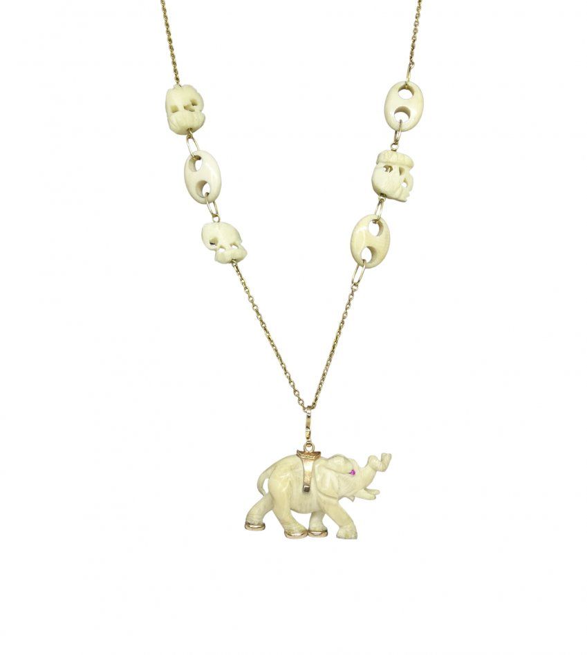 Collar en oro amarillo y marfil “Elefante”, Vintage 70’s – Francia