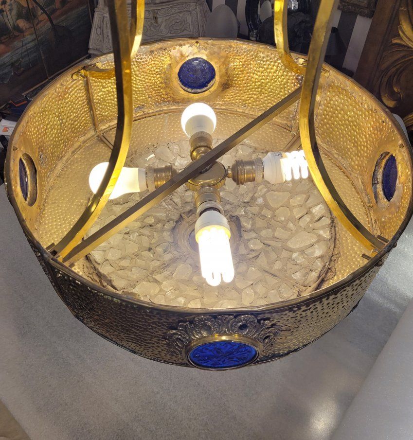 Lámpara de techo, Art Déco, latón, cristal de roca emplomado y cibas – Francia, 30’s