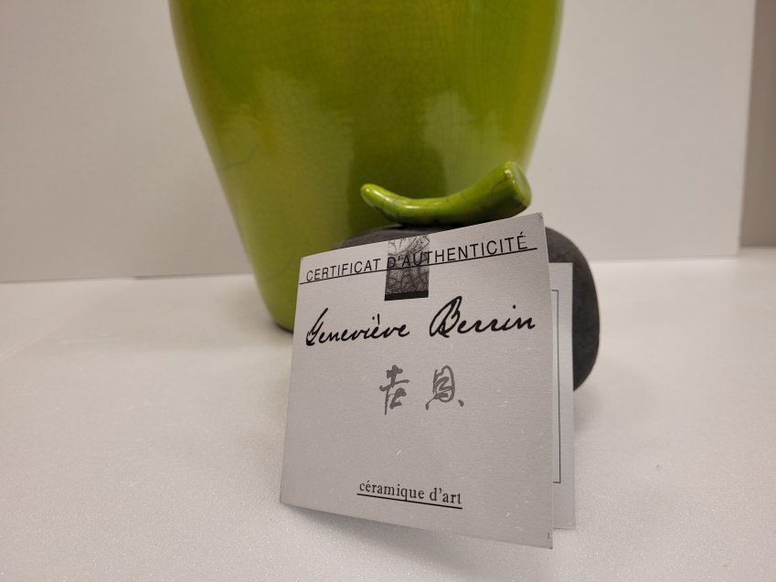 (3) Jarrones verdes en cerámica Raku, Genevieve Berrin, contemporáneo – Francia
