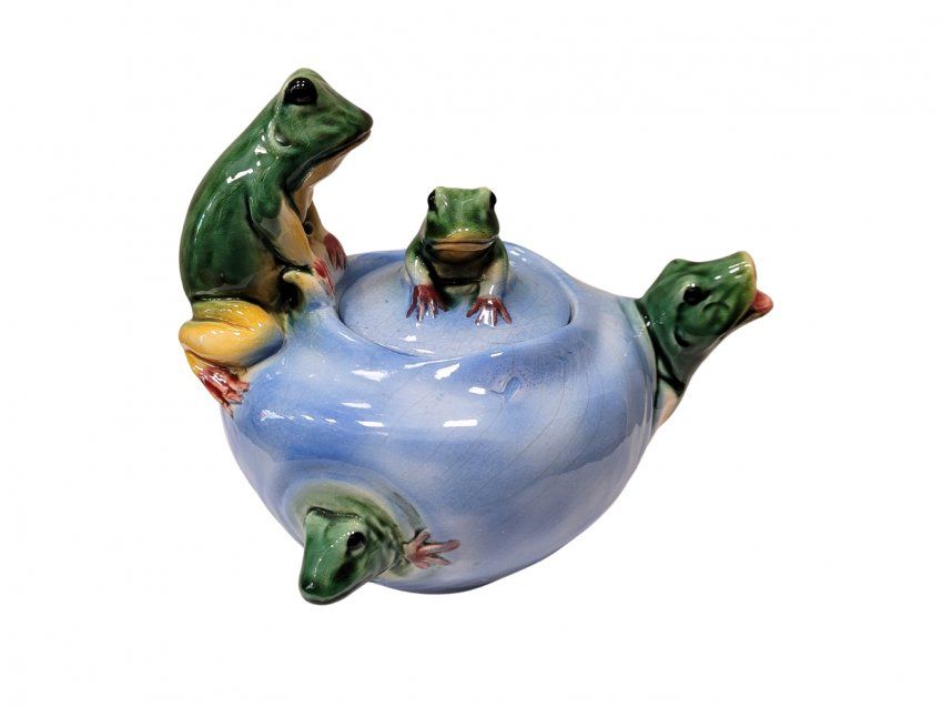 Tetera de cerámica, diseño ranas, Delphin Massier, Art Nouveau   Francia